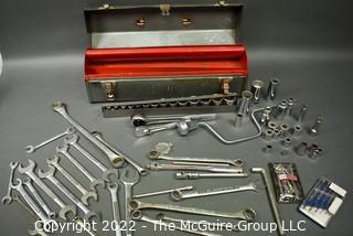 Vintage Craftsman tool box, wrenches (SAE) and sockets