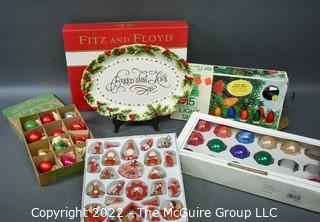 Group of Christmas Items Including Ornaments and Ceramic Fitz & Floyd Platter in Box. 