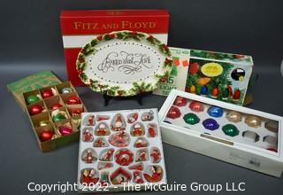 Group of Christmas Items Including Ornaments and Ceramic Fitz & Floyd Platter in Box. 