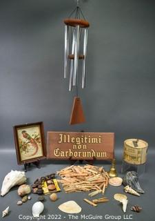 Collection of Wind Chimes, Seashells, Wood Sign In Latin, Tobacco Tin, Clothes Pins And Wooden Knobs. 