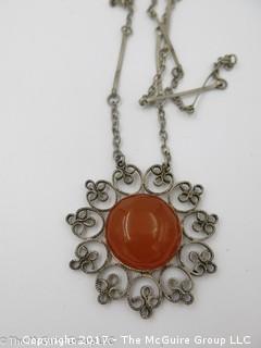 Ladies necklace with reddish stone cabochon pendant (?carnelian); - #1190