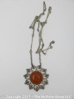 Ladies necklace with reddish stone cabochon pendant (?carnelian); - #1190