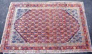 Vintage Wool Hand-Knotted Rug with Border Blue on Red Ground.   Measures 52" x 80".