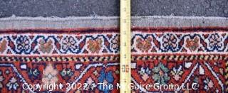 Vintage Wool Hand-Knotted Rug with Border Blue on Red Ground.   Measures 52" x 80".