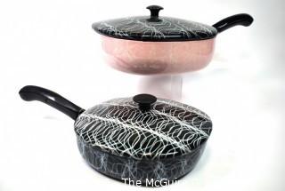 Two (2) Mid Century  Pink and Black Cookware Pots and Pans in Spaghetti Squiggle Pattern