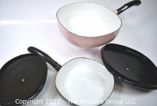 Two (2) Mid Century  Pink and Black Cookware Pots and Pans in Spaghetti Squiggle Pattern