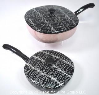 Two (2) Mid Century  Pink and Black Cookware Pots and Pans in Spaghetti Squiggle Pattern