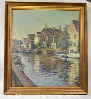 Gilt Framed Oil on Canvas River Scene Signed by Artist Nielson.  29" x 33".