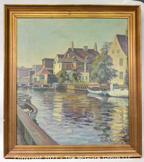 Gilt Framed Oil on Canvas River Scene Signed by Artist Nielson.  29" x 33".