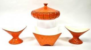 Four (4) Pieces of Orange Mid Century Modern Pottery by Shawnee and Royal Haeger 