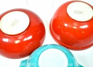 Three (3) Kitchen Mixing Storage Bowls by Pyrex and Halls Superior Red.