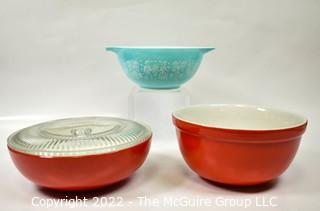 Three (3) Kitchen Mixing Storage Bowls by Pyrex and Halls Superior Red.