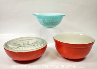 Three (3) Kitchen Mixing Storage Bowls by Pyrex and Halls Superior Red.