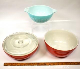 Three (3) Kitchen Mixing Storage Bowls by Pyrex and Halls Superior Red.