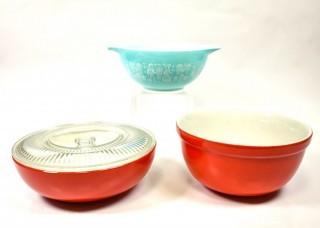 Three (3) Kitchen Mixing Storage Bowls by Pyrex and Halls Superior Red.