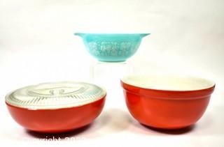 Three (3) Kitchen Mixing Storage Bowls by Pyrex and Halls Superior Red.