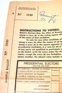 Vintage 1960 John F Kennedy Presidential General Ballot -  6th Congressional 17th Senatorial Ballot 10th Assembly District Ballot



