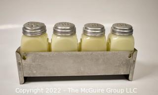 Four (4) Vintage Art Deco Milk Glass Spice Jars with Wall Mount Rack.