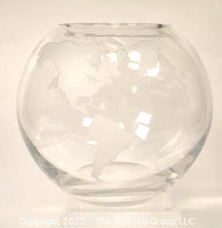 Heavy Etched Clear Crystal Glass World Globe Bowl.