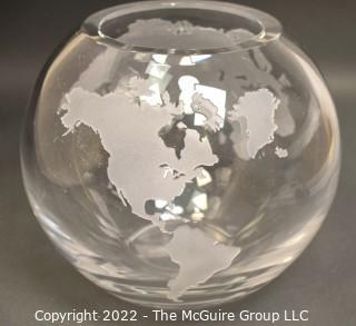 Heavy Etched Clear Crystal Glass World Globe Bowl.