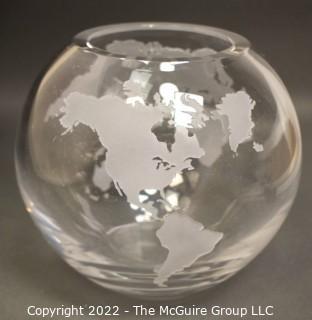 Heavy Etched Clear Crystal Glass World Globe Bowl.