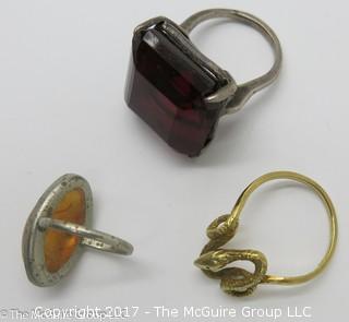 3 rings: largest stone encased in sterling, ring size 8 3/4; amber encased in sterling, ring size 3 1/4; serpent ring is 14k gold, 3.5g - #1193 