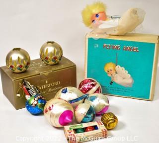 Group of Vintage Christmas Items Including Waterford Ornament Shaped Candle Holders in Box, Mercury Glass Ornament and Flying Angel.