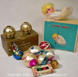 Group of Vintage Christmas Items Including Waterford Ornament Shaped Candle Holders in Box, Mercury Glass Ornament and Flying Angel.