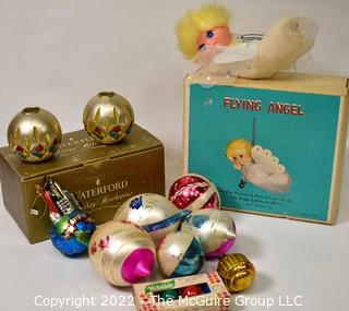 Group of Vintage Christmas Items Including Waterford Ornament Shaped Candle Holders in Box, Mercury Glass Ornament and Flying Angel.