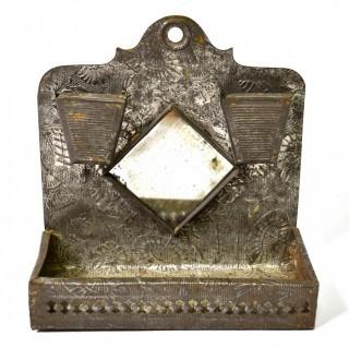 Primitive 19th Century Tin Ware Wall Pocket with Mirror.