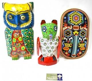 Three (3) Bright Primitive Hand Crafted Items from Latin America Including Owl Decor, Beaded Mask and Painted Wood Mask.  