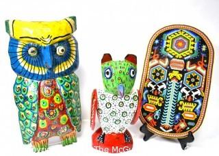 Three (3) Bright Primitive Hand Crafted Items from Latin America Including Owl Decor, Beaded Mask and Painted Wood Mask.  