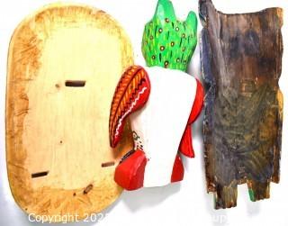 Three (3) Bright Primitive Hand Crafted Items from Latin America Including Owl Decor, Beaded Mask and Painted Wood Mask.  