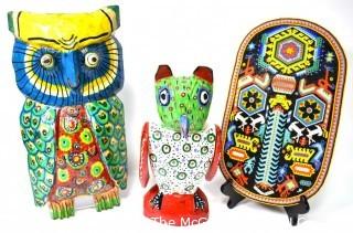 Three (3) Bright Primitive Hand Crafted Items from Latin America Including Owl Decor, Beaded Mask and Painted Wood Mask.  