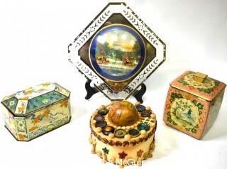 Vintage Washington DC Souvenir Wall Plaque, Two (2) Tea Tins and Artisan Made Wood Sewing Box. 