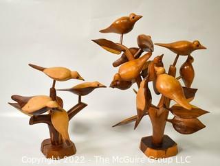 Two (2) Vintage Mid Century Carved Wood Birds in Tree Branches Folk Art Sculptures, Peg and Hole Design to be Rearranged.