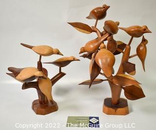 Two (2) Vintage Mid Century Carved Wood Birds in Tree Branches Folk Art Sculptures, Peg and Hole Design to be Rearranged.