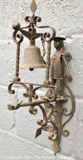 Antique Arts & Crafts Figural Wrought Iron Garden Gate Bell 