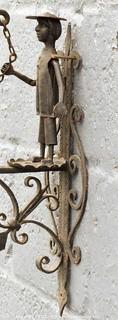 Antique Arts & Crafts Figural Wrought Iron Garden Gate Bell 