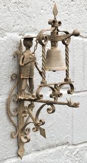 Antique Arts & Crafts Figural Wrought Iron Garden Gate Bell 