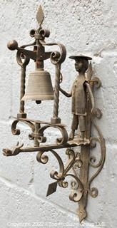 Antique Arts & Crafts Figural Wrought Iron Garden Gate Bell 