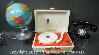 Lighted globe; GE child's record player (untested); Black rotary dial phone