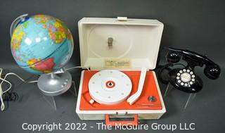 Lighted globe; GE child's record player (untested); Black rotary dial phone