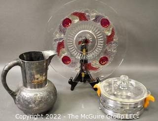 Goofus Glass Platter, Quad Plate Pitcher and Art Deco Chrome Casserole Dish with Glass Insert and Bakelite Handles. 