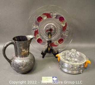 Goofus Glass Platter, Quad Plate Pitcher and Art Deco Chrome Casserole Dish with Glass Insert and Bakelite Handles. 