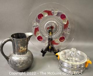 Goofus Glass Platter, Quad Plate Pitcher and Art Deco Chrome Casserole Dish with Glass Insert and Bakelite Handles. 