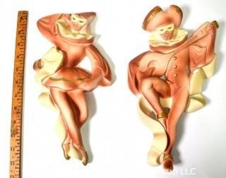 Vintage Mid Century Pink Miller Studio Chalkware Harlequin Jester Wall Hangings