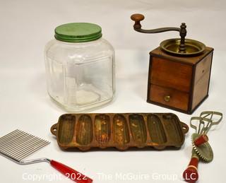 Vintage Kitchen Tools Including Coffee Grinder, Utensils, Glass Jar & Wagner Ware #1319 Junior Corn Bread Pan 