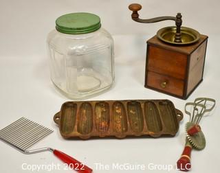 Vintage Kitchen Tools Including Coffee Grinder, Utensils, Glass Jar & Wagner Ware #1319 Junior Corn Bread Pan 