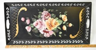 Vintage Black Hand Painted Tole Tray with Pierced Edge.  13" x 25".